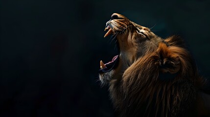 Majestic Lion Roaring in Darkness, Capturing the King of the Jungle's Power. Ideal for Wall Art and Wildlife Enthusiasts. Elegant, Dramatic Portrait. AI