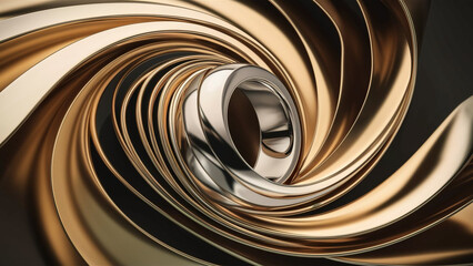 Abstract metallic, gold and rhodium background of smooth lines transitioning into a wedding ring.