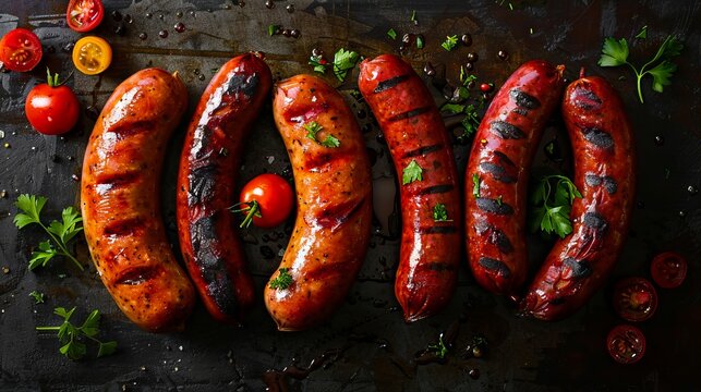 Grilled sausages with tomatoes and parsley on a black background.