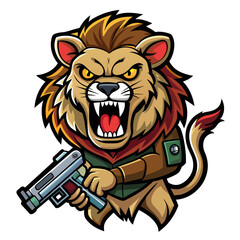 Generate a hair-raising sticker design depicting a lion equipped with a gun, instilling a sense of horror and foreboding in the viewer