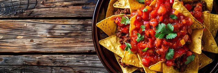Nachos made with Mexican corn tortilla chips topped with seasoned meat and spicy red salsa, pictured on a wooden background with copy space. - Powered by Adobe
