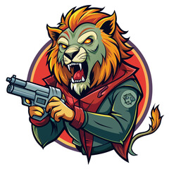 Generate a hair-raising sticker design depicting a lion equipped with a gun, instilling a sense of horror and foreboding in the viewer