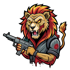 Generate a hair-raising sticker design depicting a lion equipped with a gun, instilling a sense of horror and foreboding in the viewer