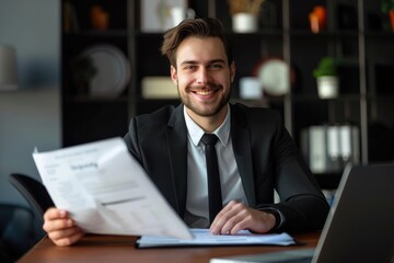 Male Manager: Happy Businessman Holding Papers, Smiling at Camera in Office