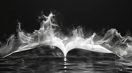 A digital wireframe of a book opening, pages turning in a fluid animation