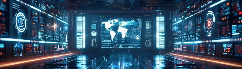 Obraz premium A futuristic control room with a large world map display and various other screens and readouts.