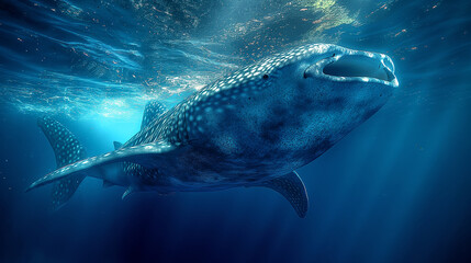 Naklejka premium 11. Oceanic Serenity: Beneath the tranquil surface of the ocean, a gentle giant known as the whale shark glides serenely through the water, its massive mouth agape as it filters pl