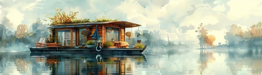 A houseboat floats on a lake surrounded by trees. The sky is cloudy and the water is calm.