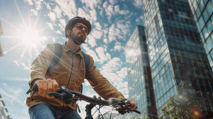 Naklejka premium Cyclist in the city. A man riding a bicycle outdoors wearing a helmet. Person rides on the street. 