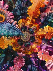 A highly detailed painting of a coral reef with many different types of coral and fish. The colors are vibrant and the image is full of life.