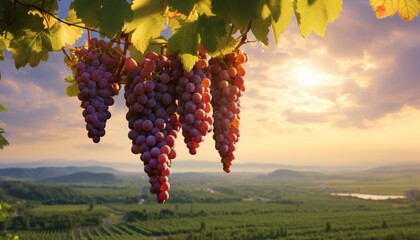 A close up of a bunch of red grapes in a lush vineyard at sunset.
