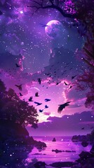A purple sky with a large moon and a flock of birds flying over a lake with trees on the shore.