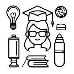 Education icon, student icon, teacher icon, university icon, computer icon, learning icon, school icon, studying icon, graduation icon, library icon, technology icon, backpack icon, certificate icon, 