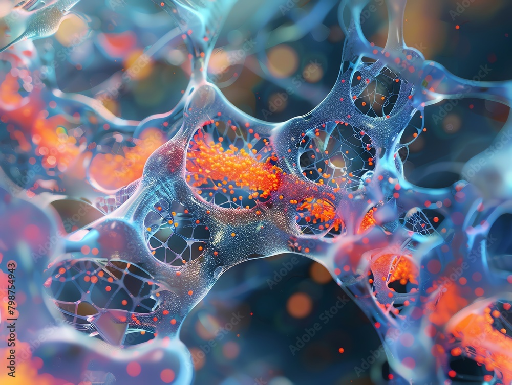 Fototapete 3d rendering of a glowing blue and orange organic structure with a honeycomb-like pattern.
