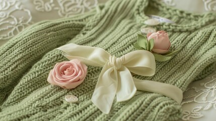 A small green sweater with a white ribbon and pink roses on it.

