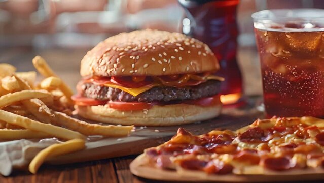 Complete fast food meal hamburger, fries, pizza, and a refreshing soft drink