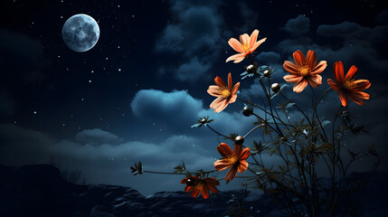 Dark cosmos flower with full moon at night