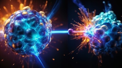 close-up, detailed visualization of two hydrogen isotopes, deuterium and tritium, as they collide and fuse into helium. Highlight the release of a neutron and the burst of energy in the form of light 