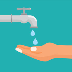 world water saving day, water tap with palm and water droplets.flat style vector illustration