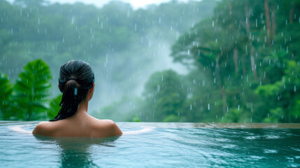 Back view of a woman in rain at a jungle resort.