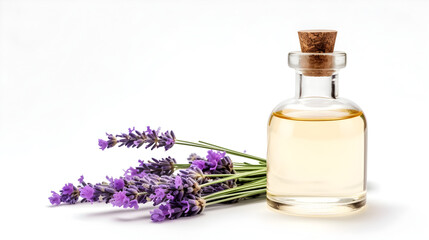 Obraz na płótnie Canvas Essential lavender oil isolated on white . Free space