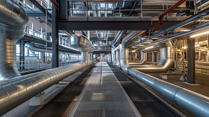 Modern Industrial Facility Interior with a Maze of Pipes and Ducts. Symmetrical Design, Technological Backdrop. Perfect for Industry Themes. AI