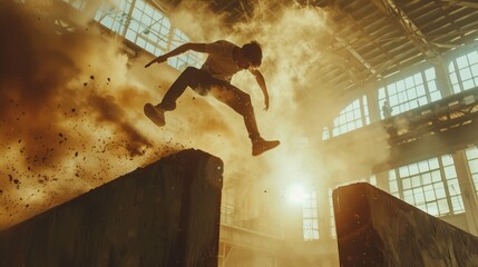 A slow-motion shot of a stunt performer executing a daring action sequence, highlighting their athleticism