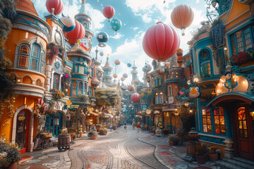 Lively street in a whimsical town with bright vibrant houses and colorful balloons filling the sky