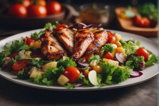 'vegetable salad roasted chcicken meat chicken turkey fillet filet grilled lettuce tomatoes grill basil dinner food breast white healthy greek dinning vegetarian diet fresh antipasto eating low-fat'