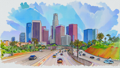 Watercolor illustration of Los Angeles city, America. Abstract buildings, architecture. Hand drawn
