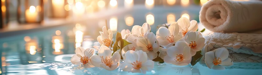 White flowers and candles floating in a spa pool