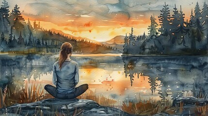watercolor painting of a woman sitting on a rock by a lake at sunset