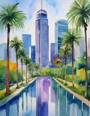Watercolor illustration of Los Angeles city, America. Abstract buildings, architecture. Hand drawn