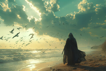 Cloaked figure grim reaper walks along the beach with scythe in hands, seagulls wheel above - obrazy, fototapety, plakaty
