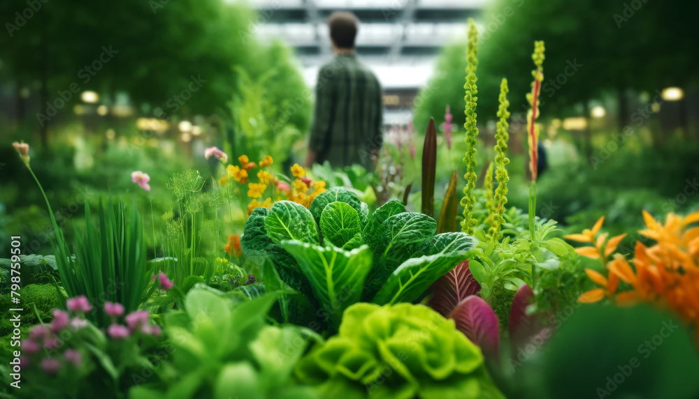 Wall mural closeup of a sustainable garden, vibrant plants in focus, blurred human figure in the background. ai