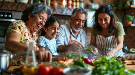 Content Hispanic family sharing laughter and stories while cooking