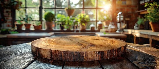 Fototapeta premium A round wooden board lay empty on the kitchen table