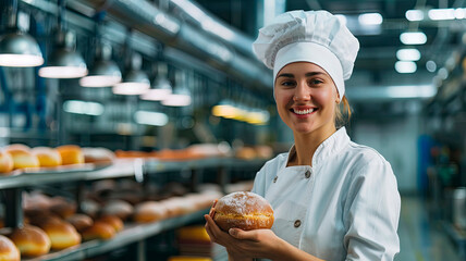 A woman cook holds bread buns in her hands. Selective focus.