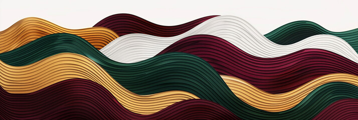 Intricate wavy patterns in shades of rich burgundy, forest green, and goldenrod forming an illustrative abstract design with rich color against a white background