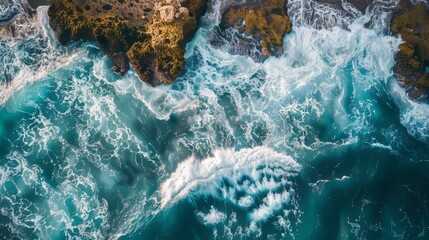Aerial view of ocean waves colliding with a rocky shore background