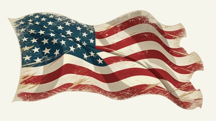 a distressed, grunge, clip art-style vintage American flag waving in front of a white background.