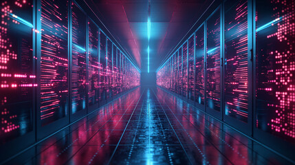 Obraz premium server room 3d illustration with node base programming data design element.concept of big data storage and cloud computing technology.