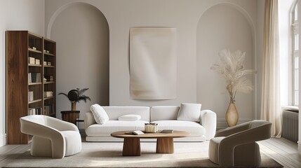 Light-colored living room interior with mock-ups of a bookshelf, sofa, and armchairs