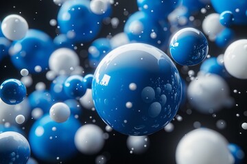 3D rendering of a blue and white abstract background with spheres of various sizes. The spheres are glossy and have a reflective surface.