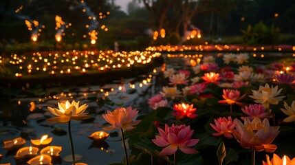 Amidst the serene Diwali night, a vast garden comes to life with vibrant colors as flowers bloom under the moonlit sky