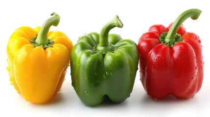 Fresh red yellow and green bell peppers isolated on a white background