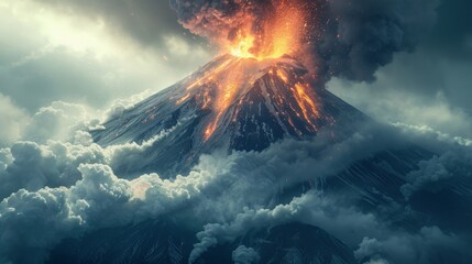 Volcano eruption spiting molten lava and ash clouds over a mountain, photo collage.