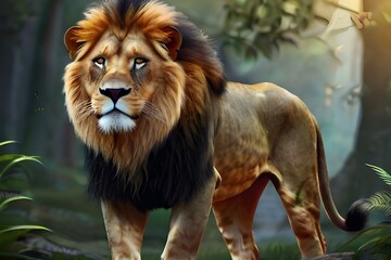 Fantasy Illustration of a wild animal lion. Digital art style wallpaper background. Generative AI