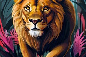 Fantasy Illustration of a wild animal lion. Digital art style wallpaper background. Generative AI