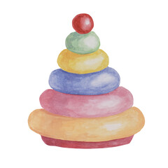 Wooden toy pyramid. Educational stacking rings eco play object clipart. Retro stack up ring tower watercolor illustration for kids party, sticker, scrapbooking, invitations, baby shower, nursery decor